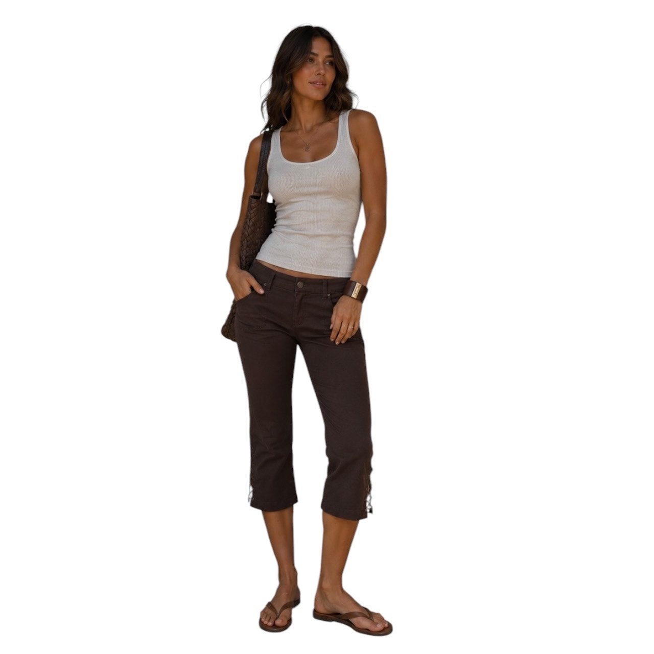 Brown Capri Pants + Leather Cuff Quiet Luxury Coastal Chic Office S Full Outfit
